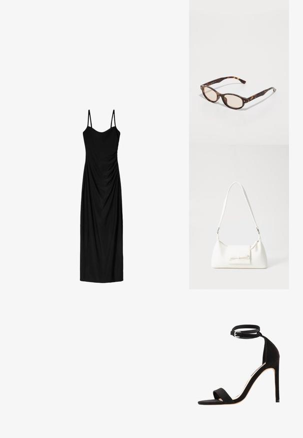Schwarzes Midi-Kleid mit dünnen verstellbaren Trägern, das ein drapiertes Design und eine glatte Textur aufweist. Keine sichtbaren Muster oder Verzierungen.; Schwarze Wildleder-High-Heel-Sandalen mit einem einfachen Riemendesign, offener Zehe und einem Knöchelriemen mit einer silbernen Schnalle.; Schildkrötenmuster Sonnenbrille mit runder Form und leichten Gläsern. Verfügt über stabile Bügel mit kleinen goldenen Akzenten, hergestellt aus Kunststoff.; Weiße synthetische Handtasche in dreieckiger Form, flache Vorderklappe und Schleifendetail, verstellbarer Trageriemen, glatte Textur und minimalistisches Design.