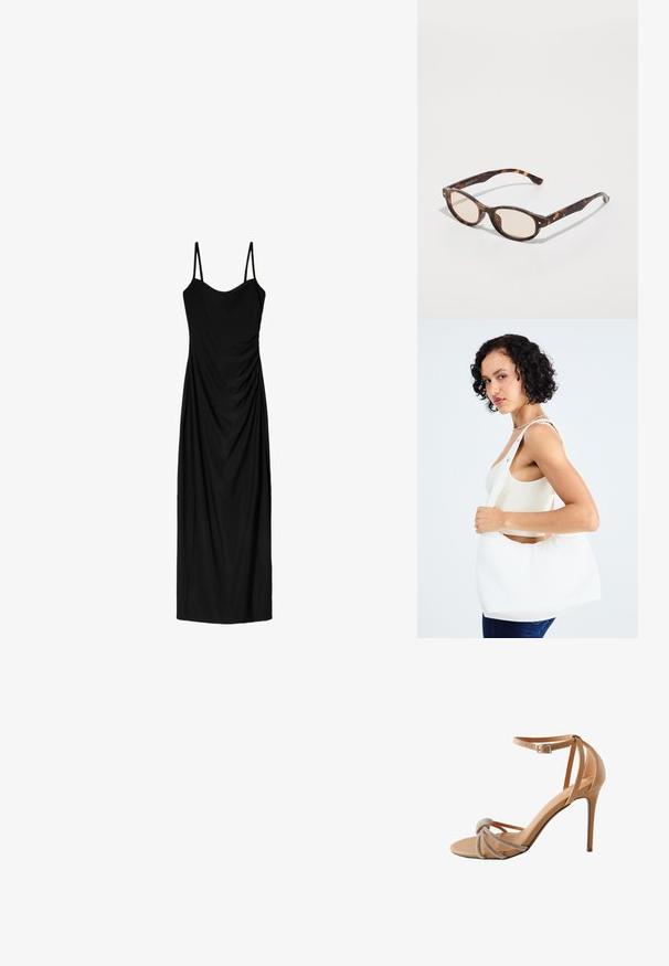 Fekete midi ruha vékony, állítható pántokkal, amely drapált designnal és sima textúrával rendelkezik. Nincsenek látható minták vagy díszítések.; Nude bőr stiletto sarkú cipő, melynek elülső részén csomózott díszítés és strasszkövek találhatók, valamint vékony bokapánt négyzetes csattal.; Tortáboros napszemüveg lekerekített formával és világos lencsékkel. Masszív karokkal rendelkezik, apró arany részletekkel, műanyagból készült.; Fehér válltáska sima anyagból, ovális kivágással és széles pánttal. Egyszerű és modern, látható hardver nélkül.