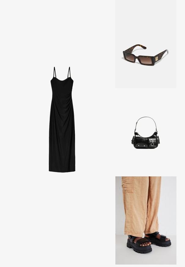 Čierne midi šaty s tenkými nastaviteľnými ramienkami, s prekrývajúcim sa dizajnom a hladkou textúrou. Žiadne viditeľné vzory ani zdobenie.; Čierne hrubé sandále s hrubou podrážkou, širokým pásom a nastaviteľnou prackou, kombinované s voľnými svetlo béžovými textúrovanými nohavicami.; Okuliare z korytnačky so štvorcovými rámami, hnedými gradientnými sklami a zlatým akcentom na spánku. Hladký plastový materiál.; Čierna laková kožená kabelka s ohnutým tvarom, jedným ramenným popruhom, prednými vreckami a striebornými kovovými doplnkami.