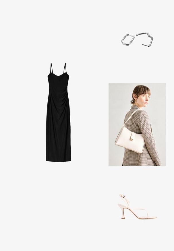 Svart midiklänning med tunna justerbara axelband, med en draperad design och slät textur. Inga synliga mönster eller utsmyckningar.; Rosa remsandaler med hög klack, en slank design, fyrkantig tå och avsmalnande klack. Har justerbar ankelrem och slät yta.; Vit läderhandväska med en strukturerad design, med en magnetknäppning och en axelrem, visad mot en neutral bakgrund.; Silverfärgade metallklämmor, en rektangulär och en oval, med släta ytor och rundade kanter. Båda har glänsande ytor och enkla mönster.