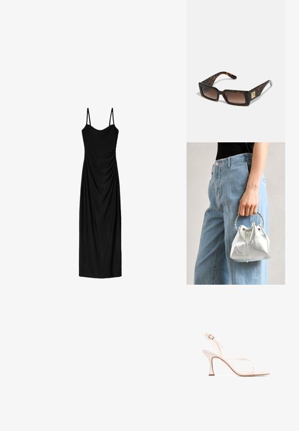 Black midi dress with thin adjustable straps, featuring a draped design and smooth texture. No visible patterns or embellishments.; Pink strappy high-heel sandal with a slender design, square toe, and a tapered heel. Features adjustable ankle strap and smooth texture.; Tortoiseshell sunglasses with rectangular frames, brown gradient lenses, and a gold accent on the temple. Smooth plastic material.; Metallic silver bucket bag with a textured finish, adorned with a silver round handle and drawstring closure, held against light blue jeans.