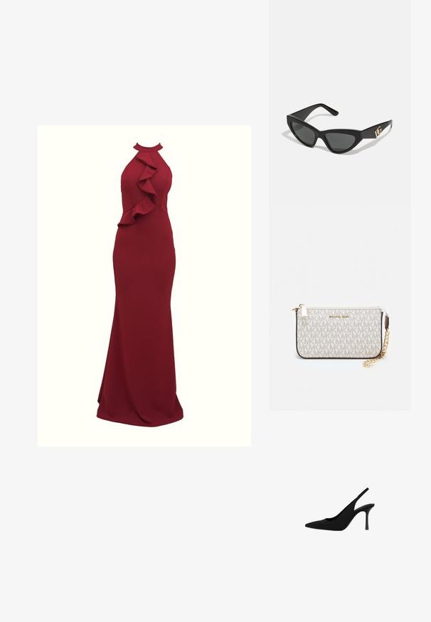Burgundin värinen halterneck-mekko, jossa on röyhelödetaljeita sivuilla; tiimalasikujainen malli; valmistettu sileästä, joustavasta kankaasta; lattialle ulottuva muoto.; Mustat slingback-kengät, joissa on terävä kärki, valmistettu sileästä materiaalista. Varustettu hoikalla korolla ja leikatuilla sivuilla, jotka luovat suoran siluetin.; Aurinkolasit kissansilmällä, joissa on matta musta muovikehys, tummat linssit ja kultainen logokiinnitys temppeleissä. Kulmikas muotoilu ja sileä pinta.; Michael Kors kääröbeige pinnoitettua kangasta, jossa on toistuva MK-logo -kuvio, kultaiset yksityiskohdat ja irrotettava ketjuhihna.