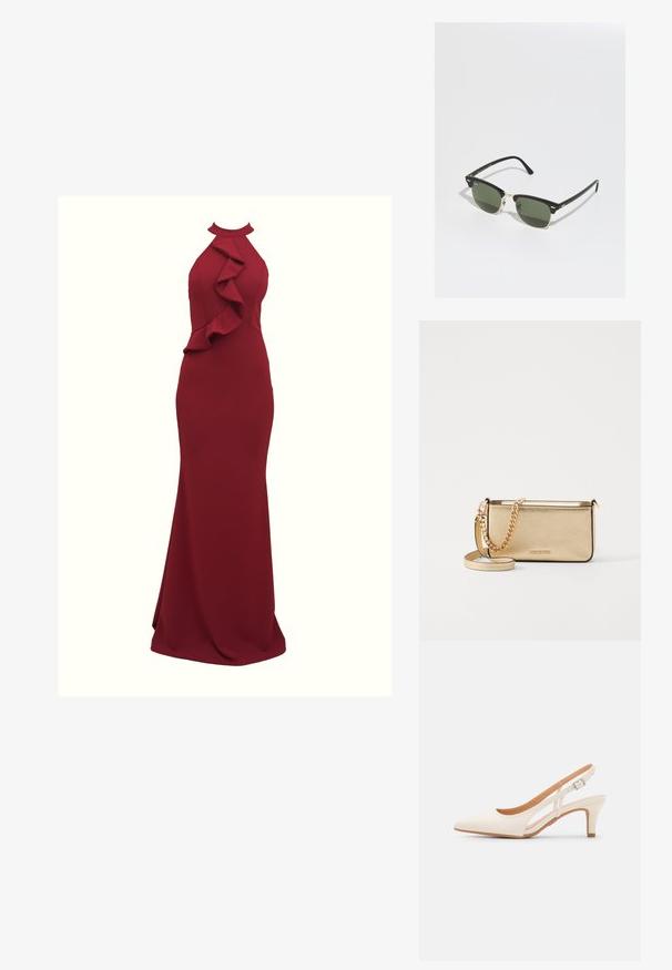 Burgundijas halter stilā veidota kleita ar pušķotu sānu detaļām; pieguļoša silueta; izgatavota no gludas, elastīgas auduma; grīdas garuma dizains.; Baltas siksniņveida papēdis ar smailu purngalu, gludu augšējo materiālu, zemu blokpapēdi un sānu izgriezumu dizainu ar regulējamu sprādzi.; Melnas un zelta saulessargi ar zaļiem stikliem, ar kaķa acs formu, metāliskiem akcentiem un teksturētu rāmi.; Metālisks zelta ādas klipsis ar teksturētu apdari, ar zelta ķēdes siksniņu un noņemamu pleca siksniņu. Zīmola logo iepresēts.