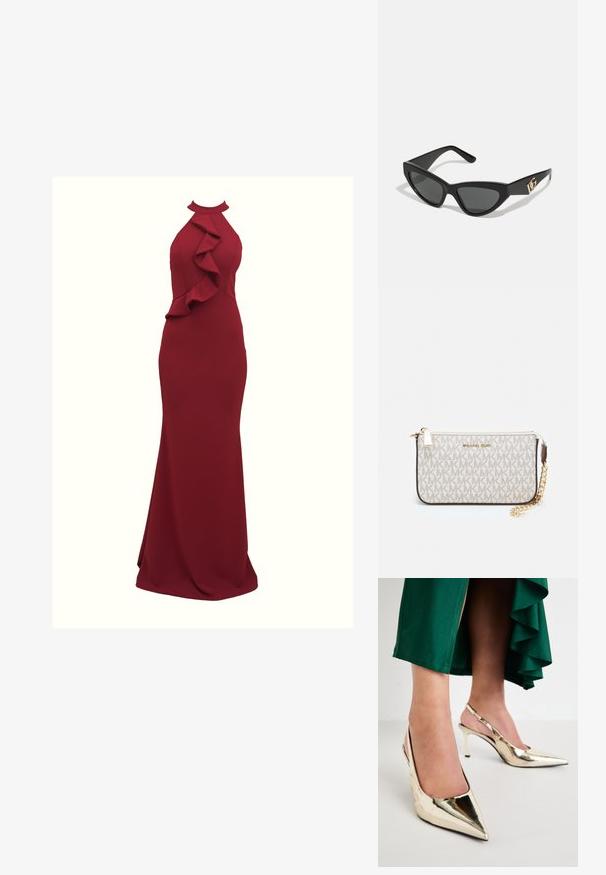 Abito bordeaux con scollo all'americana e dettagli arricciati ai lati; silhouette aderente; realizzato in tessuto liscio e elasticizzato; design lungo fino a terra.; Simmi London LAYLIN - Decolleté - gold mirror; Occhiali da sole a forma di gatto con montatura in plastica nera opaca, lenti scure e un'accensione con logo dorato sulla stanghetta. Design angolare e superficie liscia.; Wristlet Michael Kors in tela rivestita beige con motivo a logo MK ripetuto, hardware dorato e tracolla a catena staccabile.