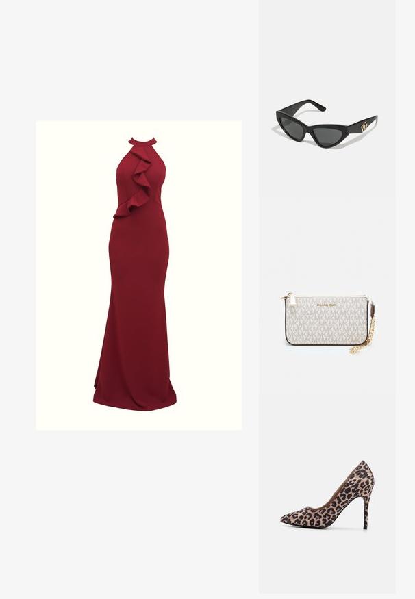 Burgundska halter haljina s volanima sa strane; silueta koja se prilagođava tijelu; izrađena od glatkog, rastezljivog materijala; dužina do poda.; Cipele s visokom potpeticom u uzorku leoparda, s oštrim vrhom, teksturiranim materijalom, potpeticom visokom 10 cm i glatkom unutrašnjom podstavom.; Naočale u obliku mačjih očiju s okvirom od mat crne plastike, tamnim lećama i zlatnim logotipom na sljepočnici. Kutni dizajn i glatka tekstura.; Michael Kors novčanik na zapešću u bež premazanoj tkanini s ponavljajućim uzorkom MK loga, zlatnim hardverom i odvojivim lancem za nošenje.