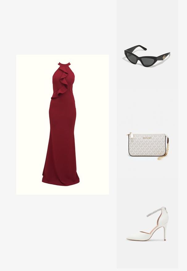 Abito bordeaux con scollo all'americana e dettagli arricciati ai lati; silhouette aderente; realizzato in tessuto liscio e elasticizzato; design lungo fino a terra.; Scarpa bianca con tacco alto dal design a punta, realizzata in pelle, con cinturino alla caviglia regolabile decorato con strass e tacco a stiletto sottile.; Occhiali da sole a forma di gatto con montatura in plastica nera opaca, lenti scure e un'accensione con logo dorato sulla stanghetta. Design angolare e superficie liscia.; Wristlet Michael Kors in tela rivestita beige con motivo a logo MK ripetuto, hardware dorato e tracolla a catena staccabile.