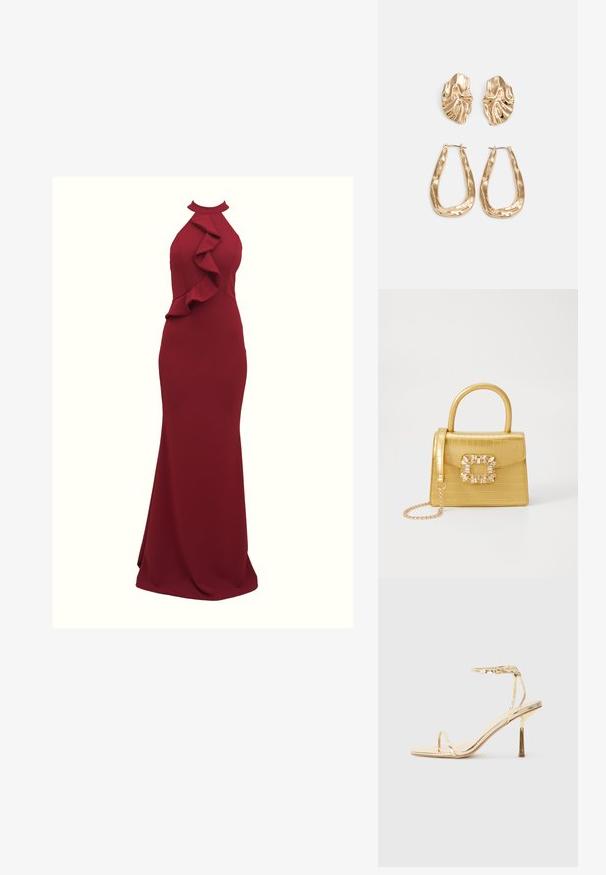 Bordó, pánt nélküli ruha fodros oldali részletekkel; testhez simuló fazon; sima, rugalmas anyagból készült; földig érő kialakítás.; Aranyszínű, fényes felületű, magas sarkú szandál, négyzet alakú orral, vékony bokapánttal és elegáns, minimalista kialakítással.; Sárga műbőr krokodil mintás kézitáska strukturált kialakítással, felső fogantyúval, leválasztható lánccal és díszes kristály díszítéssel a záron.; Aranyszínű fülbevalók, texturált, hullámos formákkal. Tartalmazza a szobrászati klipszes studokat és az open hoop kialakítást, kalapácsos felülettel.