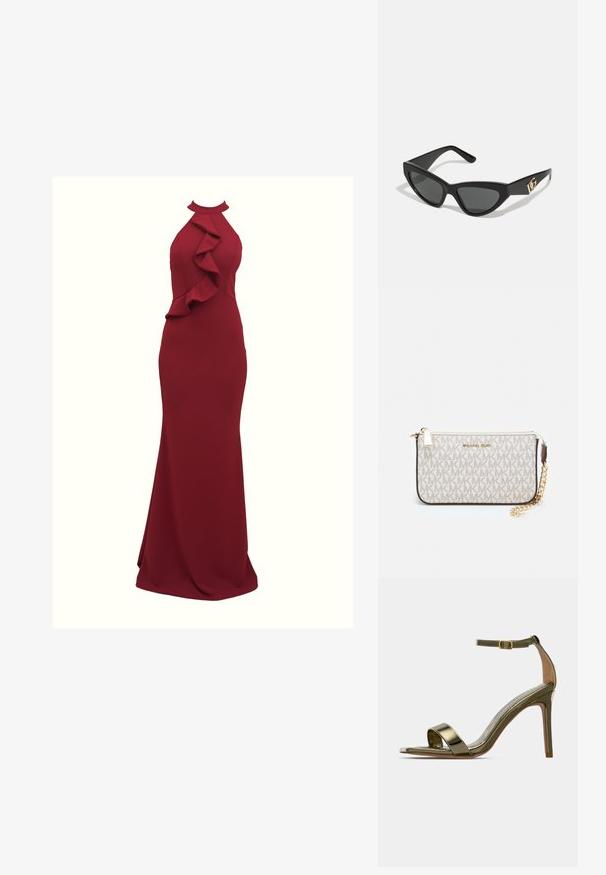 Burgundská šaty s řemínky za krk a volánkovými detaily na stranách; těsně přiléhající silueta; vyrobeno z hladké, elastické tkaniny; dlouhý střih až na zem.; Zlaté sandály na vysokém podpatku s členkovým páskem a přezkou, otevřenou špičkou, úzkým sloupkovým podpatkem a lesklým kovovým povrchem na jednobarevném pozadí.; Sunglasses ve tvaru kočičích očí s matným černým plastovým rámem, tmavými skly a zlatým logem na stranu. Úhlový design a hladká textura.; Kabelka na zápěstí Michael Kors v béžové potažené plátno s opakujícím se vzorem loga MK, zlatými kovovými doplňky a odnímatelným řetízkovým popruhem.