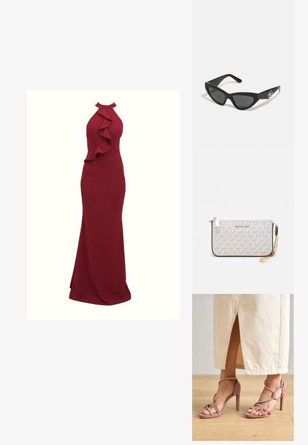 Burgundská šaty s řemínky za krk a volánkovými detaily na stranách; těsně přiléhající silueta; vyrobeno z hladké, elastické tkaniny; dlouhý střih až na zem.; Růžové semišové sandály na vysokém podpatku se zkříženými popruhy a stříbrnými ozdobami, s otevřenou špičkou a texturovaným povrchem.; Sunglasses ve tvaru kočičích očí s matným černým plastovým rámem, tmavými skly a zlatým logem na stranu. Úhlový design a hladká textura.; Kabelka na zápěstí Michael Kors v béžové potažené plátno s opakujícím se vzorem loga MK, zlatými kovovými doplňky a odnímatelným řetízkovým popruhem.