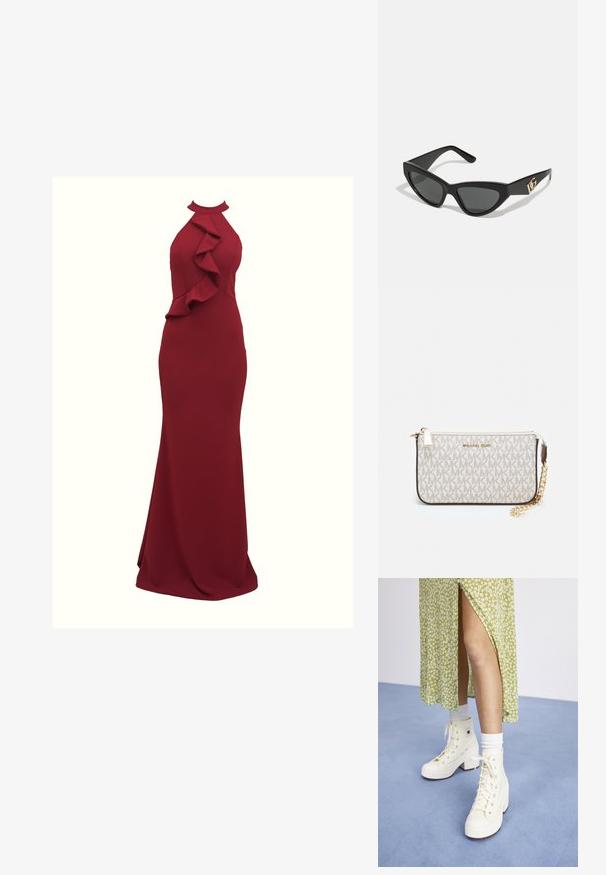 Burgundská šaty s řemínky za krk a volánkovými detaily na stranách; těsně přiléhající silueta; vyrobeno z hladké, elastické tkaniny; dlouhý střih až na zem.; Bílé vysoké platformové tenisky s tkaničkami a stříbrnými oky, spárované s bílými ponožkami do kotníků, na světlomodré podlaze.; Sunglasses ve tvaru kočičích očí s matným černým plastovým rámem, tmavými skly a zlatým logem na stranu. Úhlový design a hladká textura.; Kabelka na zápěstí Michael Kors v béžové potažené plátno s opakujícím se vzorem loga MK, zlatými kovovými doplňky a odnímatelným řetízkovým popruhem.
