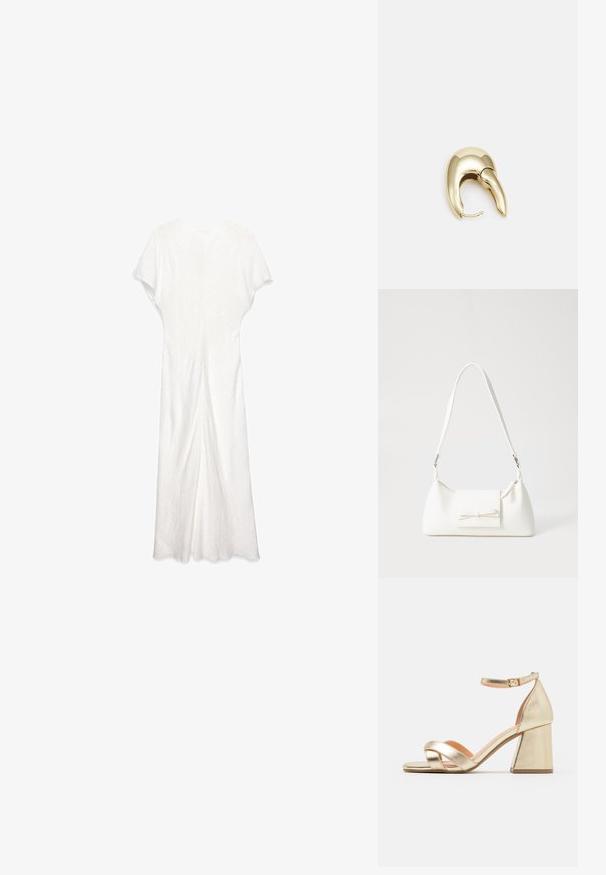 Bela, lahka maxi obleka s kratkimi rokavi, ki ima teksturirano blago, ravno silhueto in rob, ki pada pod gležnje.; Zlate metalne sandale na peto s blokasto peto, odprto konico in obliko čez križ. Zanka okrog gležnja z zaponko.; Bela sintetična torbica v obliki trikotnika, z ravnim sprednjim poklopcem in detajlom mašne, nastavljivim trakom, gladko teksturo in minimalističnim dizajnom.; Uhane nakit iz zlatastega tona z gladko, ukrivljeno zasnovo. Ima edinstveno koničasto obliko, polirano površino in zaponko s tečajem.