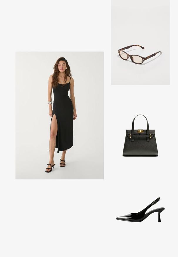 Czarna maxi sukienka na cienkich ramiączkach, z bocznym rozcięciem, gładkiego materiału i koronkowymi detalami. Noszona z czarnymi sandałami na obcasie.; Czarne lakierowane pantofle na obcasie typu slingback z ostrym noskiem, wyciętymi bokami, regulowanym paskiem na kostce i cienkim, smukłym obcasem.; Okulary przeciwsłoneczne w kolorze tortoiseshell o okrągłym kształcie i jasnych soczewkach. Posiadają mocne zauszniki z małymi złotymi akcentami, wykonane z materiału plastikowego.; Czarna torebka na ramię o teksturowanej powierzchni z krótkimi uchwytami, z złotym zapięciem i akcentami. Projekt jest zorganizowany, o geometrycznej sylwetce.