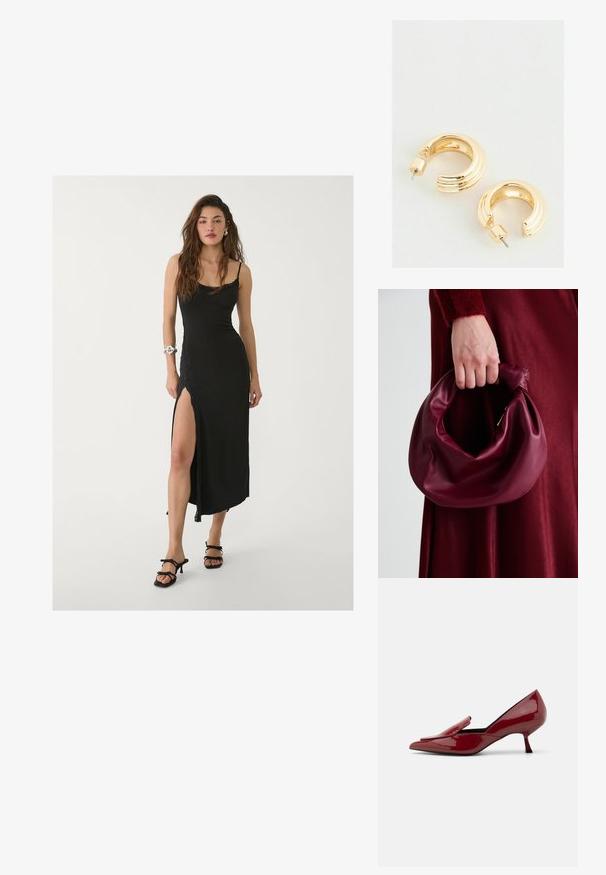 Czarna maxi sukienka na cienkich ramiączkach, z bocznym rozcięciem, gładkiego materiału i koronkowymi detalami. Noszona z czarnymi sandałami na obcasie.; Czerwone lakierowane szpilki z zaostrzonym noskiem, wsuwanym krojem i niskim obcasem typu stiletto. Gładka faktura z elegancką sylwetką.; Bordowa skórzana torebka o miękkim, marszczonym wyglądzie i zaokrąglonym kształcie. Uchwyt jest zabezpieczony, co podkreśla gładką fakturę.; Złote kolczyki w kształcie hula z polerowanym wykończeniem, z rowkowanym wzorem i zapięciem na sztyft. Okrągły, masywny kształt.