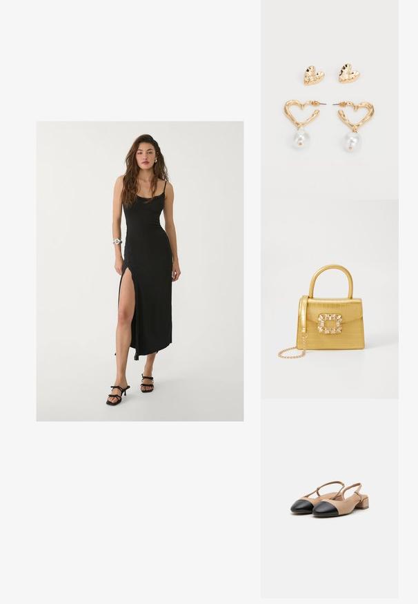 Robe maxi noire avec des bretelles spaghetti, fente sur le côté, tissu lisse et détails en dentelle. Portée avec des talons noirs à lanières.; Chaussures slingback en cuir beige avec un bout capuchon noir, un talon block et une sangle ajustable. Texture lisse et design minimaliste.; Sac à main en faux crocodile jaune avec un design structuré, une poignée supérieure, une bandoulière en chaîne amovible, et un ornement cristallin décoratif sur le fermoir.; Boucles d'oreilles en forme de cœur en plaqué or avec une finition texturée, dotées d'un accent de perle suspendue. Comprend des boucles d'oreilles en clou en forme de cœur assorties.