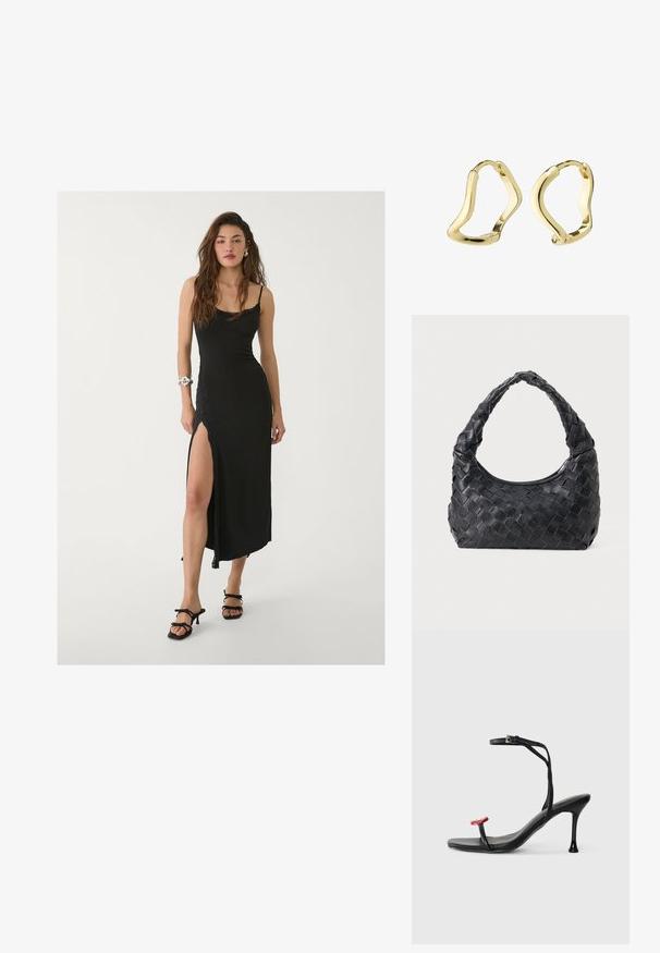 Schwarzes Maxikleid mit Spaghettiträgern, Seitenschlitz, glattem Stoff und Spitzenakzenten. Getragen mit schwarzen Sandalen mit Riemen.; Schwarze Riemchensandale mit dünnem Knöchelriemen und einem roten Akzent an der Zehenpartie. Verfügt über ein elegantes Design und eine glänzende Oberfläche mit einem Stiletto-Absatz.; Schwarze Leder Schultertasche mit geflochtenem Tragegriff und halbrunder Form auf einem einfarbigen Hintergrund.; Goldene Creolen mit einem fließenden, wellenartigen Design. Glatte Textur, offenes Format und keine sichtbaren Verschlüsse. Minimalistischer und moderner Ausdruck.