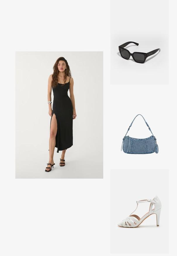 Čierna maxi šaty s ramienkami, bočnými rozparkom, hladkým materiálom a čipkovými detailmi. Nosené s čiernymi sandálmi na vysokom podpätku.; Biele vysoké sandále na ihlovom podpätku s kríženými popruhmi, dizajnom T-bar, hladkou textúrou a špicatou špičkou. Majú štíhly podpätok a zapínanie na pracku.; Čierne oversize slnečné okuliare štvormiesteho tvaru, vyrobené z lesklého plastu, s šedými sklíčkami, malými striebornými detailmi a gravírovaným logom na ramene.; Džínová kabelka s zakriveným tvarom, svetlomodrej farby, so nastaviteľným popruhom na rameno a malým odnímateľným vreckom s kovovými detailmi.