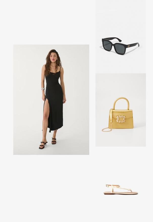 Sort maxi-kjole med spaghetti-stropper, sideslids, glat stof og blonderdetaljer. Båret med sorte stiletter.; Lys beige åbne sandaler med en flettet stropdesign, justerbar ankelspænde og flad brun sål. Glat materiale og minimale accenter.; Sorte solbriller med rektangulære linser, der har en glansfuld finish og guld logo-accenter på stængerne. Mørkegrå linser giver UV-beskyttelse.; Gul faux-krokodille skuldertaske med struktureret design, top-håndtag, aftagelig kædetraske og dekorativ krystaldekoration på låsen.