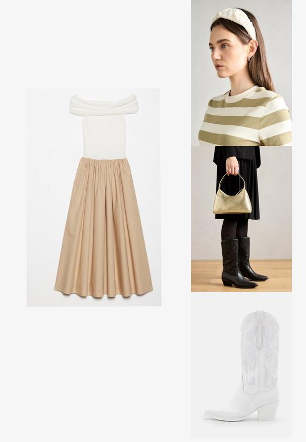 Off-shoulder dress featuring a fitted white ribbed bodice and a flowing beige skirt, gathered at the waist for a voluminous silhouette.; Jeffrey Campbell DAGGET - Cowboy/Biker boots - white; Gold textured handbag with a curved shape and short handle, held by a person wearing a black pleated skirt and black leather cowboy boots.; Cream padded headband with twisted design, paired with a beige and white striped shirt featuring a round neckline. Subtle jewelry accents.