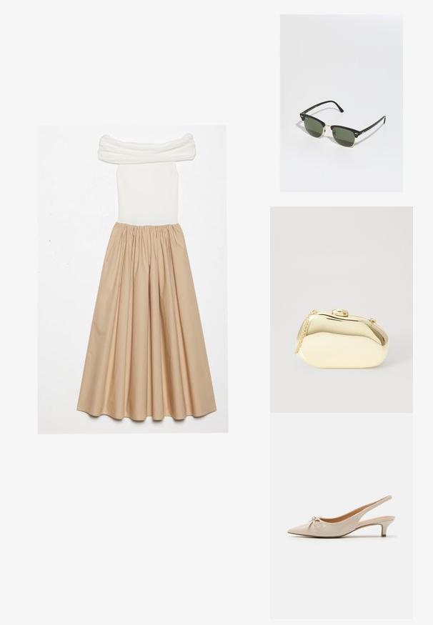 Off-shoulder kjole med en tettsittende hvit ribbet overdel og en flytende beige skjørt, samlet i midjen for en voluminøs silhuett.; Beige patent skinnestøvler med spiss tå og en dekorativ sløyfe på vampen. Har en lav, slank hæl og glatt tekstur.; Sorte og gull solbriller med grønne linser, med katteøyne-form, metalliske detaljer og en teksturert innfatning.; Metallisk gull clutch med en glatt, rund form, med en toppknapp-lås og et lite kjede for bæring.