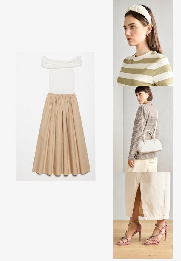 Šaty s odhalenými ramenami, ktoré majú priliehavú bielu rebrovanú časť a splývavú béžovú sukňu, zhrnutú v páse pre objemnú siluetu.; Ružové semišové sandále na vysokom podpätku s krížovo prepletenými popruhom a striebornými ozdobami, s otvorenou špičkou a textúrovaným povrchom.; Biela štruktúrovaná kabelka s krátkymi rúčkami a ramenným popruhom, s zlatými kovovými prvkami a textúrovaným materiálom, vystavená na šedom pozadí.; Krémová čelenka s vypchatím a vzorom vrkoča, skombinovaná s béžovo-bielym pruhovaným tričkom s okrúhlym výstrihom. Nápadné doplnky z jemného šperku.