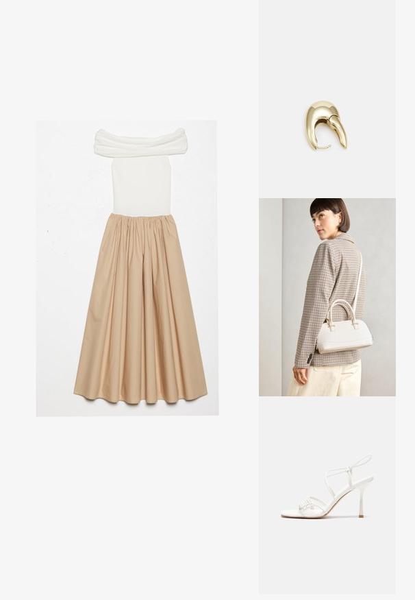 Off-shoulder dress featuring a fitted white ribbed bodice and a flowing beige skirt, gathered at the waist for a voluminous silhouette.; White strappy high-heeled sandal with a flat toe base, textured front with gathered accents, and a slim ankle strap.; White structured handbag with short handles and a shoulder strap, featuring gold hardware accents and textured material, displayed against a grey background.; Gold-tone metal earring with a sleek, curved design. Features a distinctive pointed shape, polished surface, and hinge closure.