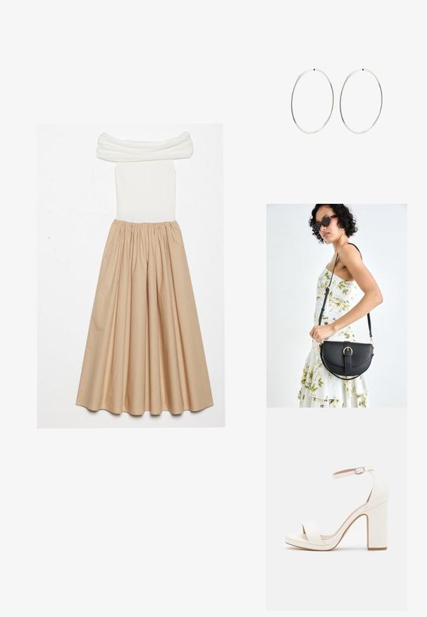 Off-shoulder dress featuring a fitted white ribbed bodice and a flowing beige skirt, gathered at the waist for a voluminous silhouette.; White high-heeled sandal with an ankle strap, minimalist design, open toe, block heel, and smooth leather texture.; Black leather handbag with a curved shape, detachable strap, and gold hardware. The bag features a flap with a buckle detail.; Silver hoop earrings with a smooth, round design and a polished finish. They are thin and lightweight, featuring a simple clasp closure.