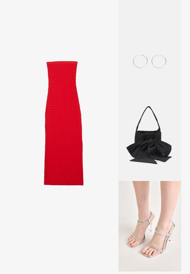 Rochie tricotată roșie fără bretele, siluetă ajustată, țesătură texturată, design lung până la podea cu o construcție simplă și fără cusături.; Picioare încălțate cu sandale argintii cu toc înalt, cu bretele subțiri și vârf pătrat, stând pe o suprafață de culoare deschisă.; Geantă din material textil negru, cu un accent de fundiță legată, formă rotundă, suprafață texturată cu modele mici și un singur mâner subțire.; Cercei din argint cu un design elegant și rotund, având o suprafață netedă și fără embellismente vizibile. Diametrul nu este specificat.