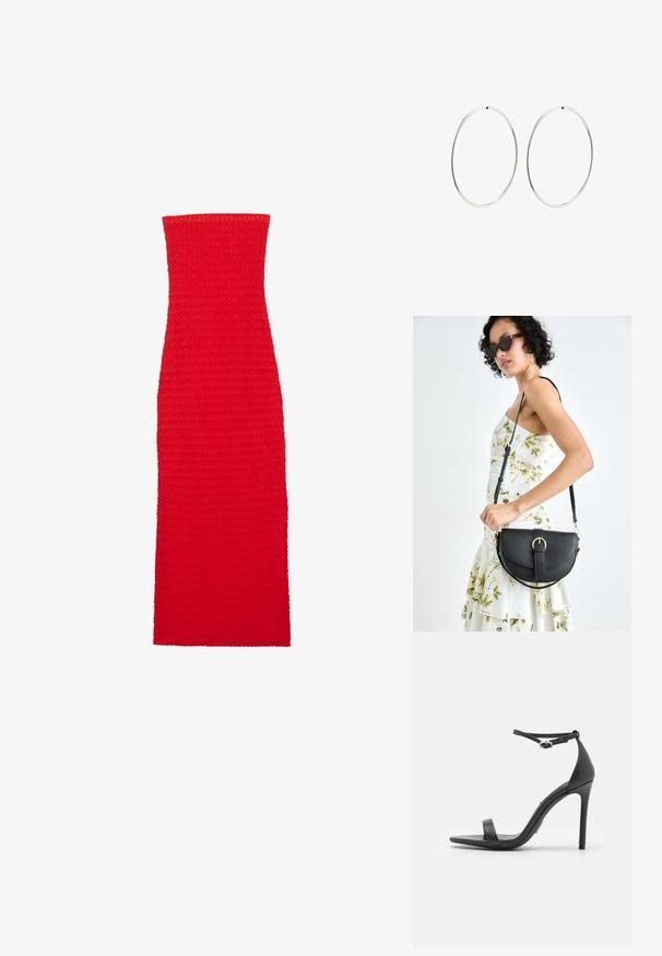 Vestido rojo de punto sin tirantes, silueta ajustada, tejido texturizado, diseño hasta el suelo con una construcción simple y sin costuras.; Sandalias de tacón alto negras con punta abierta, tiras delgadas y hebilla en el tobillo. Textura de cuero suave con un diseño de punta afilada.; Bolso de piel negra con forma curva, correa desmontable y herrajes dorados. El bolso cuenta con una solapa con un detalle de hebilla.; Pendientes de aro plateados con un diseño redondo y liso, y un acabado pulido. Son delgados y ligeros, y cuentan con un sencillo cierre de gancho.