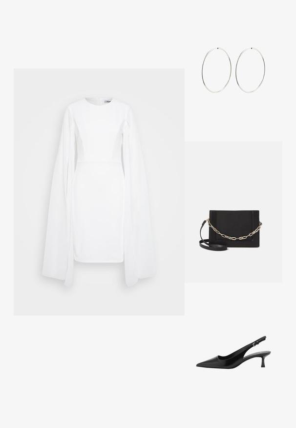 Biele dlhé šaty s dlhými rukávmi a priliehavým živôtikom, s rozšírenými rukávmi a okrúhlym výstrihom. Tkanina vyzerá hladko s tvarovanými bočnými panelmi.; Mango Klasické lodičky na opätku - black; Čierna kožená crossbody taška s hladkou textúrou, obdĺžnikovým tvarom a kovovým reťazovým detailom na prednej strane. Súčasťou je nastaviteľný popruh.; Strieborné kruhové náušnice s hladkým, okrúhlym dizajnom a lesklým povrchom. Sú tenké a ľahké, s jednoduchým uzáverom.