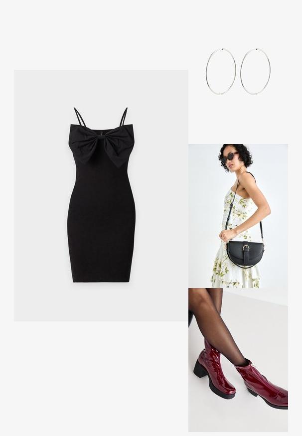 Čierne priliehajúce šaty s veľkým mašľovým detailom na dekolte, tenkými nastaviteľnými ramienkami a hladkým, elastickým textilným povrchom.; Červené lakované kozačky po členky s robustným čiernym opätkom a detailom na zips. Hladká textúra, štíhly dizajn s okrúhlou špičkou.; Čierna kožená kabelka s zaobleným tvarom, odnímateľným popruhom a zlatými doplnkami. Kabelka má klopu s detailom s prackou.; Strieborné kruhové náušnice s hladkým, okrúhlym dizajnom a lesklým povrchom. Sú tenké a ľahké, s jednoduchým uzáverom.