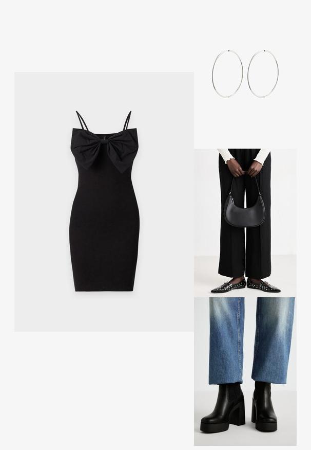 Czarna dopasowana sukienka z dużą kokardą przy dekolcie, z cienkimi regulowanymi ramiączkami oraz gładką, elastyczną teksturą materiału.; ALDO CHEVIEL czarny; Czarna skórzana torba na ramię o zaokrąglonym kształcie, z połyskującym wykończeniem i srebrnymi akcentami. Osoba w czarnych spodniac wyszczuplających i znaczonymi loafersami.; Srebrne kolczyki na kółku o gładkim, okrągłym kształcie i wypolerowanym wykończeniu. Są cienkie i lekkie, z prostym zapięciem.