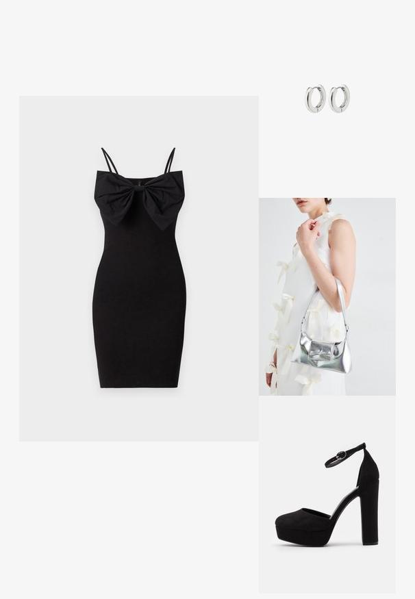 Melna pieguļoša kleita ar lielu loku detaļu ap kaklu, ar plānām regulējamām siksnām un gludu, elastīgu auduma faktūru.; Melnas zamšādas platformas kurpes ar noapaļotu purngalu, potītes siksniņu un augstu blokveida papēdi. Gluda tekstūra ar matētu apdari.; Sudraba metāla rokassoma ar struktūru formu, aprīkota ar augšējo rokturi un priekšpusē esošu loku. Gluda tekstūra, atstarojoša virsma.; Sudraba apli auskari ar spīdīgu apdari, kuriem ir apaļa forma un bezšuvju eņģes, rādot gludu virsmu.