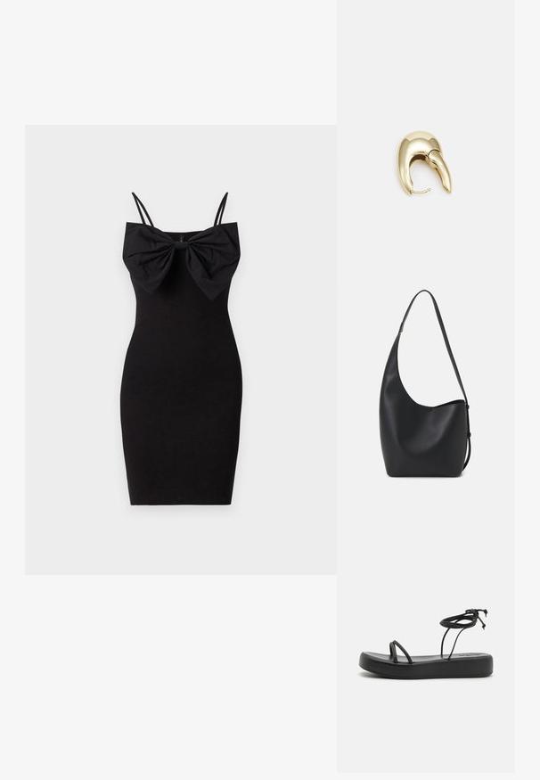 Rochie neagră, ajustată, cu un detaliu mare sub formă de fundă la decolteu, având bretele subțiri reglabile și o textură de material neted și elastic.; Sandale negre plate cu o talpă lată, curele subțiri și o legare ajustabilă la gleznă. Textură netedă cu un design minimalist.; Geantă hobo din piele neagră, cu o textură netedă, formă curbată și un singur bretele ajustabil; are o deschidere largă în partea de sus.; Cercei din metal de culoare aurie cu un design elegant și curbat. Prezintă o formă distinctivă, ascuțită, o suprafață lustruită și un sistem de închidere cu balama.