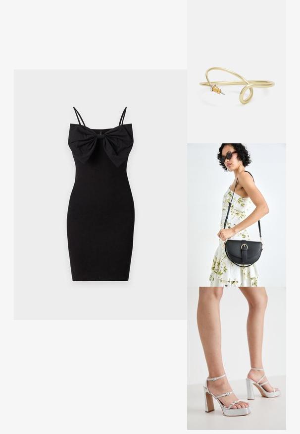 Črna obleka s pridihom, ki ima velik lok na ovratniku, tanjšimi nastavljivimi naramnicami in gladkim, raztegnjenim tekstilnim teksturo.; Srebrne sandale s visokimi petami na platformi z gležnjastimi trakovi, teksturiran material, široka blok petka in nastavljive zaponke.; Črna usnjena torbica s ukrivljeno obliko, z odstranljivo naramnico in zlatimi dodatki. Torbica ima pokrov s podrobnostmi v obliki zaponke.; Zlato obarvan kovinski zapestnica s tekočim, ukrivljenim dizajnom. Ima majhen, izstopajoč srebrn poudarek na enem koncu.