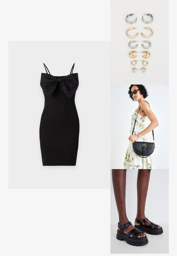 Črna obleka s pridihom, ki ima velik lok na ovratniku, tanjšimi nastavljivimi naramnicami in gladkim, raztegnjenim tekstilnim teksturo.; Črne platforme s sandali z debelim podplatom, ki imajo široke trakove in zaponke za gležnje, narejene iz gladke usnje, s prikazano teksturirano površino.; Črna usnjena torbica s ukrivljeno obliko, z odstranljivo naramnico in zlatimi dodatki. Torbica ima pokrov s podrobnostmi v obliki zaponke.; Komplet osmih kovinskih uhani v srebrnih in zlatih odtenkih. Vključuje različne obroče, stile, teksture in končne obdelave, razporejene po velikosti.