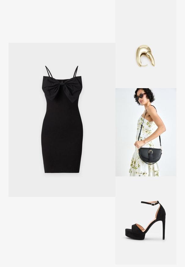 Čierne priliehajúce šaty s veľkým mašľovým detailom na dekolte, tenkými nastaviteľnými ramienkami a hladkým, elastickým textilným povrchom.; Čierne zamatové sandále na vysokom podpätku s platformou, členkový remienok so strieborným hardvérom, dizajn s otvorenou špičkou a hladkou textúrou.; Čierna kožená kabelka s zaobleným tvarom, odnímateľným popruhom a zlatými doplnkami. Kabelka má klopu s detailom s prackou.; Náušnice z kovu v zlatej farbe s elegantným, zakriveným dizajnom. Majú charakteristický špicatý tvar, leštený povrch a uzáver na pánt.