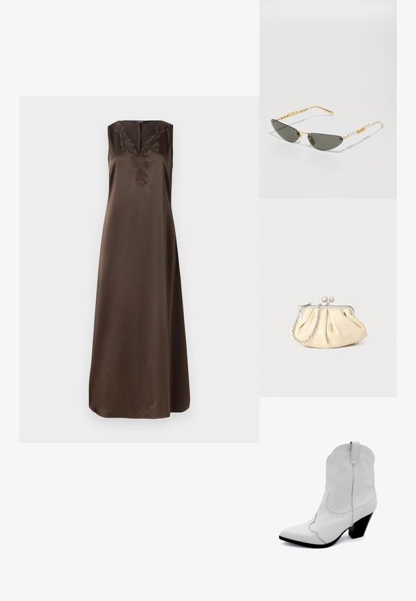 Brūna bezpiedurkņu kleita ar V formas izgriezumu, kurai ir sarežģīta izšuvumu apdare ap kaklu. Izgatavota no gludas auduma, tai ir plūstoša silueta.; Baltas ādas kovboju zābaks ar norādītu purngalu, izliekumu adījumu detaļu un īsu melnu bloka papēdi. Tam ir cilpa aizmugurē.; Zelta rāmī esošas saulesbrilles ar tumši pelēkiem objektīviem. Unikāla kaķa acu forma. Tempu rotā maiņojošas zelta pērlītes un pērļu akcenti.; Rūpīgi pleatota bežīga ādas somiņa ar sudraba metāla rāmi, kurai ir divas apaļas dekoratīvas sprādzes un sudraba ķēdes siksna.