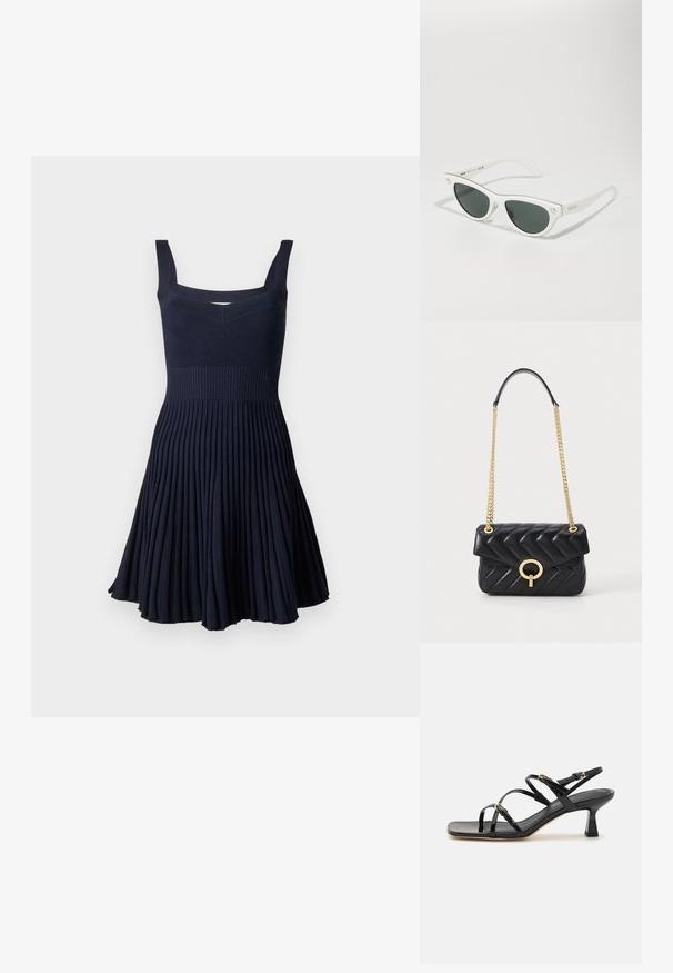 Jūrinės spalvos plisuota suknelė su prigludusia liemene, plačiomis petnešomis ir išsiplėtusiu sijonu. Pagaminta iš raižyto audinio, turinčio šiek tiek tekstūruotą paviršių.; Juodos odinės diržinės basutės su kvadratine nosimi ir žemu blokiniu kulnu. Yra auksinės spalvos detalės ir reguliuojami kulkšnies dirželiai.; Baltos katės akies akiniai su tamsiais akiniais, auksiniais akcentais ant rėmo ir logotipo detalėmis šone. Lygus plastikinis paviršius.; Juodas perteiktas odinis rankinukas su auksine grandine, pasižymintis apvaliu auksiniu užsegimu ir viršutiniu uždarymu. Kompaktiška stačiakampio formos.