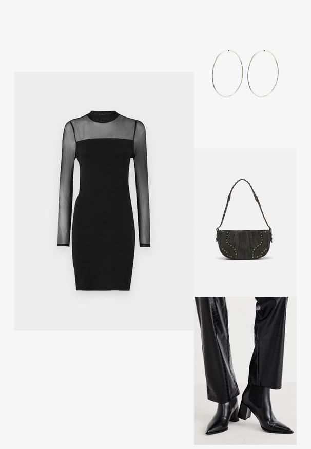 ONLY ONLLIVE LOVE DRESS - Džersio suknelė - black; RAID NEMMA - Klasikiniai aulinukai - black metallic; Juodas zomšinės rankinės su išlenktu dizainu, su vinių akcentais ir tekstūruota paviršiumi. Reguliuojama petneša su viniukų detalėmis aplink kraštą.; Sidabriniai auskarai-žiedai su lygiu, apvaliu dizainu ir blizgiu paviršiumi. Jie yra ploni ir lengvi, turintys paprastą užsegimą.