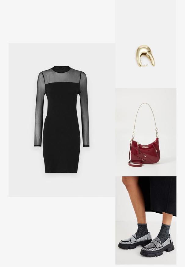 ONLY ONLLIVE LOVE DRESS - Žerzejové šaty - black; Černé nazouvací boty se zdobením z rhinestones, robustními černými podrážkami a kontrastními šedými texturovanými ponožkami. Neformální a výrazný design.; Červená lakovaná kabelka s zakřiveným tvarem, zlatým řetízkovým popruhem a ozdobnými sponami; na přední straně je logo.; Náušnice ve zlatém tónu z kovu s elegantním zakřiveným designem. Vyznačují se jedinečným špičatým tvarem, lesklým povrchem a závěsem na kloub.