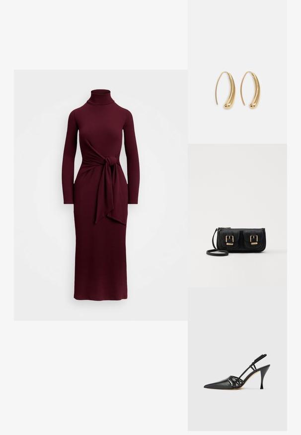 Burgundi hosszú ujjú ruha álló gallérral, derékra csomózott részletekkel és testhez simuló sziluettel. Sima textúra, földig érő. ; Fekete bőr magassarkú slingback cipő, hegyes orral, keresztbe fonott pántos dizájnnal és vékony tűs sarkakkal. Sima felület és minimális díszítés.; Fekete bőr keresztbody táska két elülső zsebbel, arany csattokkal, cipzáras záródással és vékony pánttal. Textúrált felület és kompakt téglalap alak.; Aranyszínű fémből készült karika fülbevalók ívelt, hosszúkás formával. Simaságával és fényes felületével, valamint lekerekített végével további részletekkel bővül.