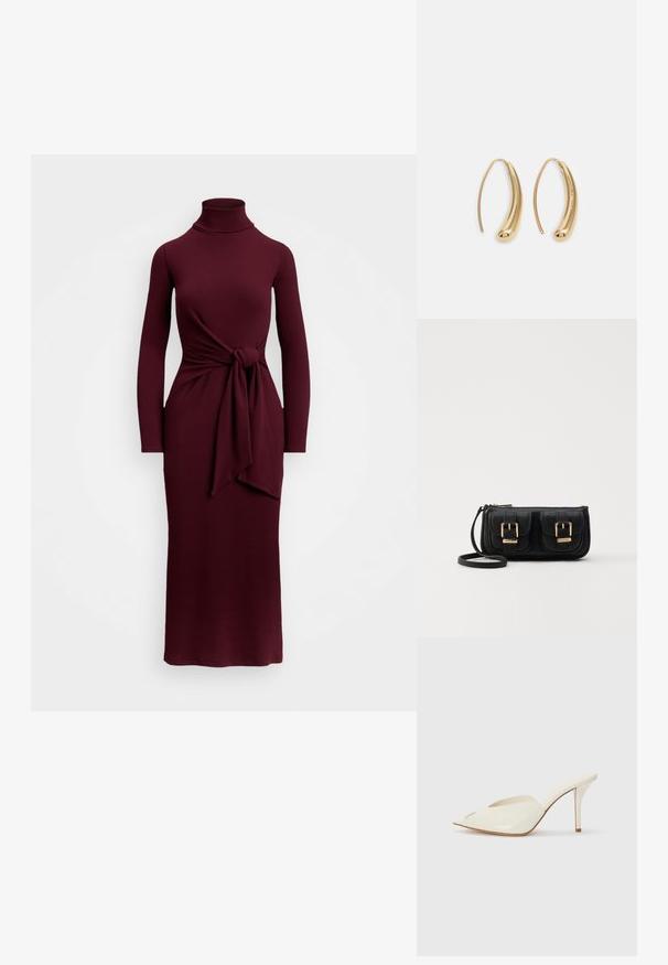 Burgundy long-sleeve dress with a mock turtleneck, featuring a knot detail at the waist and a fitted silhouette. Smooth texture, floor length.; White patent leather open-toe mules with a pointed design, slender high heel, and smooth texture; minimalist style with subtle stitching details.; Black leather crossbody bag with two front pockets, gold buckles, zipper closure, and a slim strap. Textured surface and compact rectangular shape.; Gold-tone metal hoop earrings with a curved, elongated shape. Features a smooth, shiny surface and a rounded tip for added detail.
