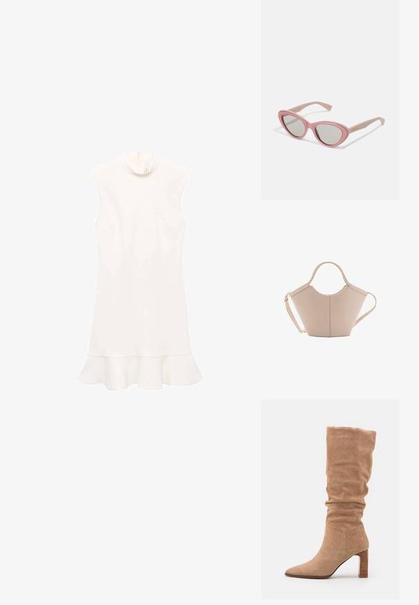 Bílé bezramenné šaty s vysokým límcem, mají rozšířený lem a hladkou texturu. Jednoduchý design bez vzorů nebo viditelného kování.; Závěsné kožené vysoké boty v béžové barvě s volným designem, špičatou špičkou a robustním, drážkovaným blokovým podpatkem. Hladká textura a elegantní tvar.; Gucci Sluneční brýle - pink; Beige kožená kabelka s jedinečným tvarem, vybavená dvěma krátkými uchy a dlouhým nastavitelným popruhem. Hladká textura s minimem kovových doplňků.
