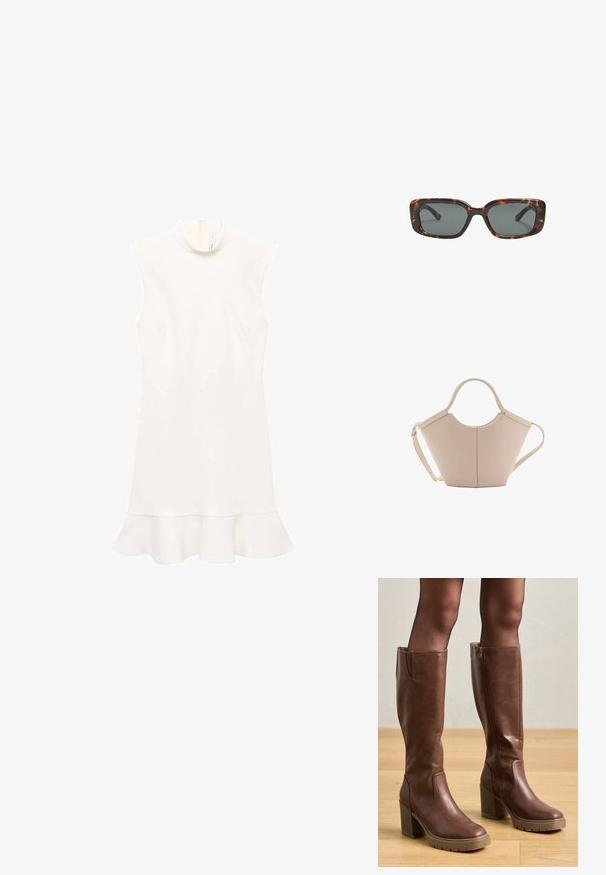 White sleeveless dress with a high neck, featuring a flared hem and smooth texture. Simple design without patterns or visible hardware.; Anna Field Platform boots - cognac; Tortoiseshell sunglasses with rectangular lenses, thick frames, and dark tinted lenses. Smooth texture and minimalistic design.; Beige leather handbag with a unique shape, featuring two short handles and a long adjustable strap. Smooth texture with minimal hardware.