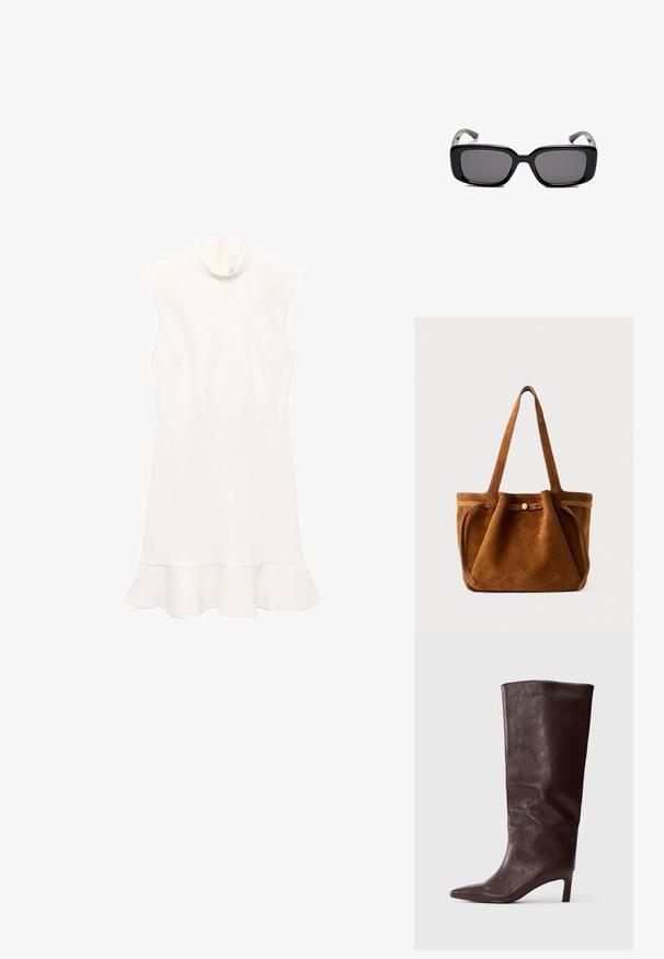 Valkoinen hihaton mekko korkealla kaula-aukolla, jossa on levenevä helma ja sileä pinta. Yksinkertainen muotoilu ilman kuvioita tai näkyviä metalliosia.; Korkeat tummanruskeat nahkasaappaat, joissa on terävä kärki ja hoikka keskipitkä korko, valkoisella taustalla.; Mustat suorakulmaiset aurinkolasit tummilla linsseillä, sileä muovikehys ja kaarevat templet. Suunnittelu on jykevä ja minimalistinen.; Ruskea samettinen kantolaukku, jossa on kaksinkertaiset kahvat, nappikiinnitys ja rento, hieman lörpähtänyt muoto.