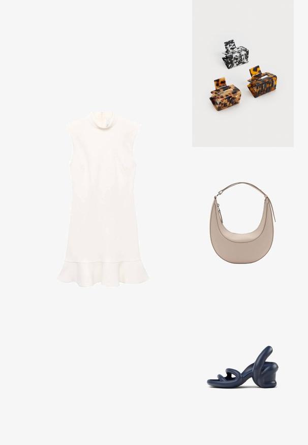 Valkoinen hihaton mekko korkealla kaula-aukolla, jossa on levenevä helma ja sileä pinta. Yksinkertainen muotoilu ilman kuvioita tai näkyviä metalliosia.; Tummansininen korkokenkä, joka on valmistettu sileästä synteettisestä materiaalista; siinä on kaarevat hihnat ja ainutlaatuinen kuviollinen korko.; Vaaleanbeige nahkainen olkalaukku, jossa on kuu-ukko muoto, sileä pinta ja yksi kaareva kahva. Varusteena vetoketjukiinnitys ja siisti ompelu.; Kolme hiusklipsiä: yksi musta-valkoinen marmorikuvio, kaksi kilpikonnakuosisia ruskeassa ja mustassa sävyssä, kaikki kiiltävää muovia ja texturoitua pintaa.