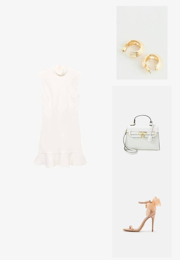 Bílé bezramenné šaty s vysokým límcem, mají rozšířený lem a hladkou texturu. Jednoduchý design bez vzorů nebo viditelného kování.; Nehoupací sandál v tělové barvě s vysokým podpatkem, který má průhlednou látkovou mašli s ozdobami, pásek kolem kotníku a štíhlý stiletto podpatek. Hladký saténový povrch.; Bílá kabelka s krokodýlí texturou, zlatou kovovou bižuterií, horním uchem a odnímatelným ramenním popruhem; obsahuje zámkové zapínání a minimalistický design.; Zlaté kruhové náušnice s leštěným povrchem, které mají rýhovaný design a zapínání na tyčinku. Kulatý, robustní tvar.