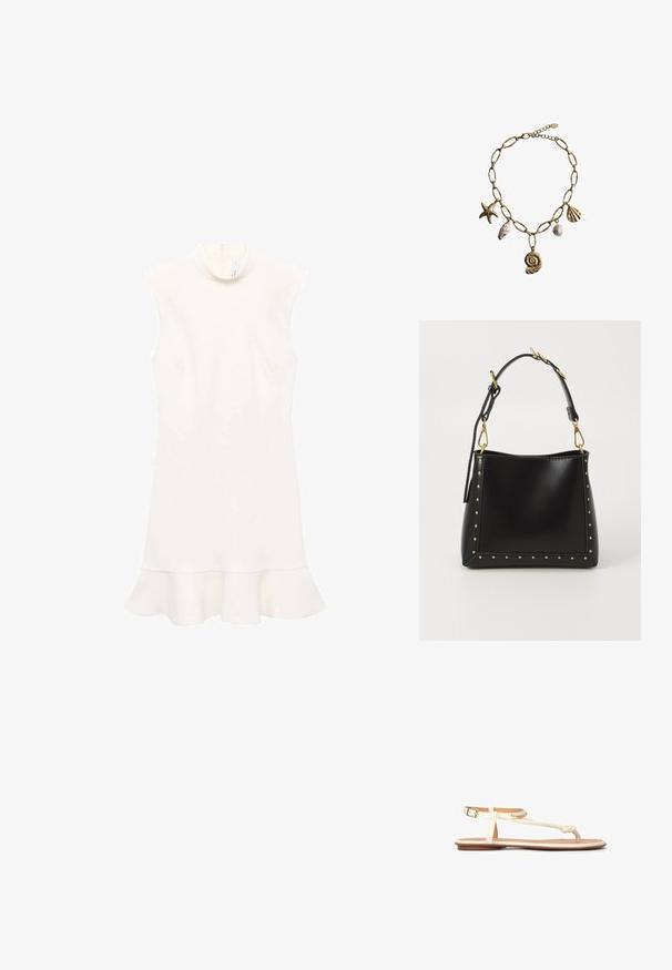White sleeveless dress with a high neck, featuring a flared hem and smooth texture. Simple design without patterns or visible hardware.; Light beige open-toe sandals with a braided strap design, adjustable ankle buckle, and flat brown sole. Smooth material and minimal accents.; Black leather handbag with a structured shape, featuring gold studs along the edges and a detachable strap with gold hardware accents.; Mango Necklace - gold-coloured