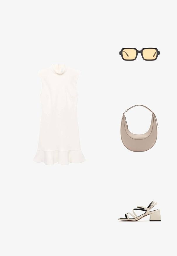 Hvid ærmeløs kjole med høj hals, der har en bredet kant og en glat tekstur. Enkel design uden mønstre eller synligt hardware.; Sandaler med hæl i cremefarvet læder med blokhæl. Har tynde stropper og en sort sål, med en justerbar ankelspænde.; Sorte rektangulære solbriller med gule linser, letvægtsramme og karakteristiske slørede kanter på temple. Glat, blank finish.; Beige læder skuldertaske med en halvmåneform, glat overflade og et enkelt buet håndtag. Har en lynlåslukning og pæne syninger.