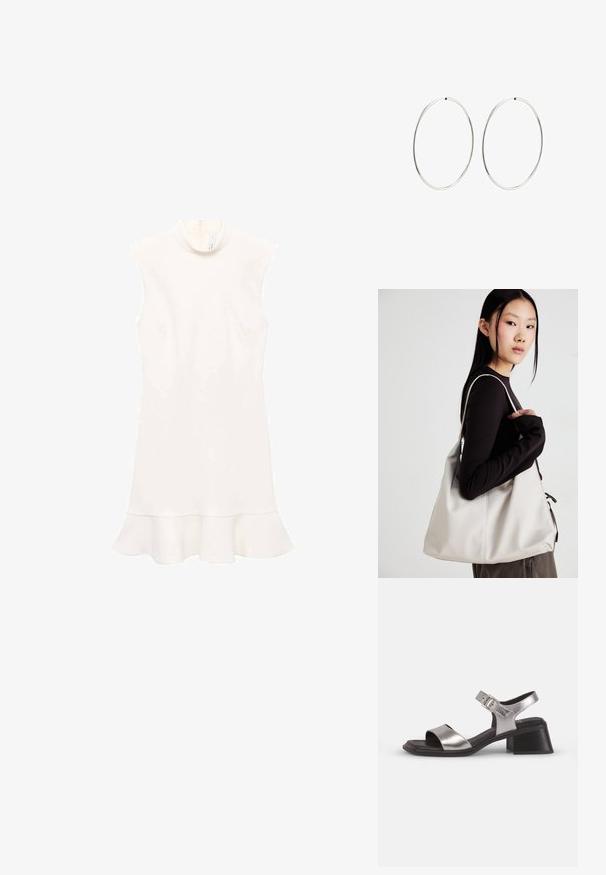 Biała sukienka bez rękawów z wysokim dekoltem, z rozkloszowanym dołem i gładką fakturą. Prosty fason bez wzorów i widocznych elementów metalowych.; Srebrne skórzane sandały z otwartym palcem, z szerokim paskiem z przodu, paskiem na kostkę z klamrą oraz średnim blokowym obcasem.; Beżowa torebka wykonana z miękkiego materiału, charakteryzująca się luźnym fasonem, wyszywanymi detalami i dwoma uchwytami na ramię. Idealna na co dzień.; Srebrne kolczyki na kółku o gładkim, okrągłym kształcie i wypolerowanym wykończeniu. Są cienkie i lekkie, z prostym zapięciem.